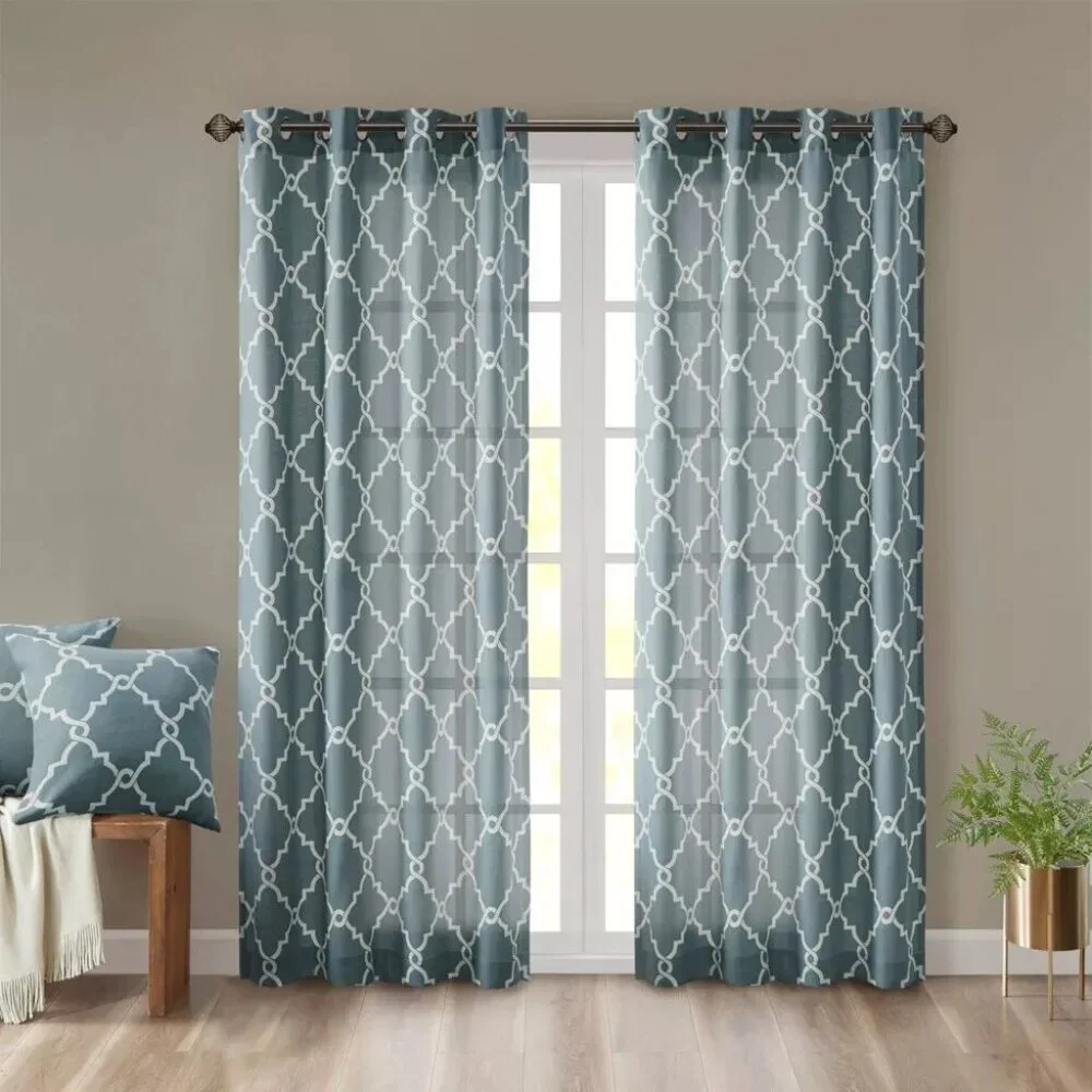 Madison Park Sereno Fretwork Teal Blue Light Filtering Curtain Panel 50